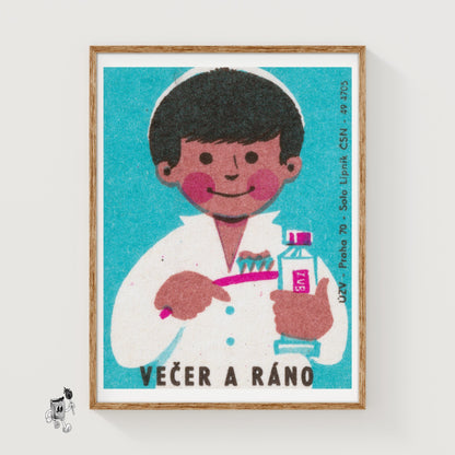 Child Brushing Teeth - vintage matchbox label print