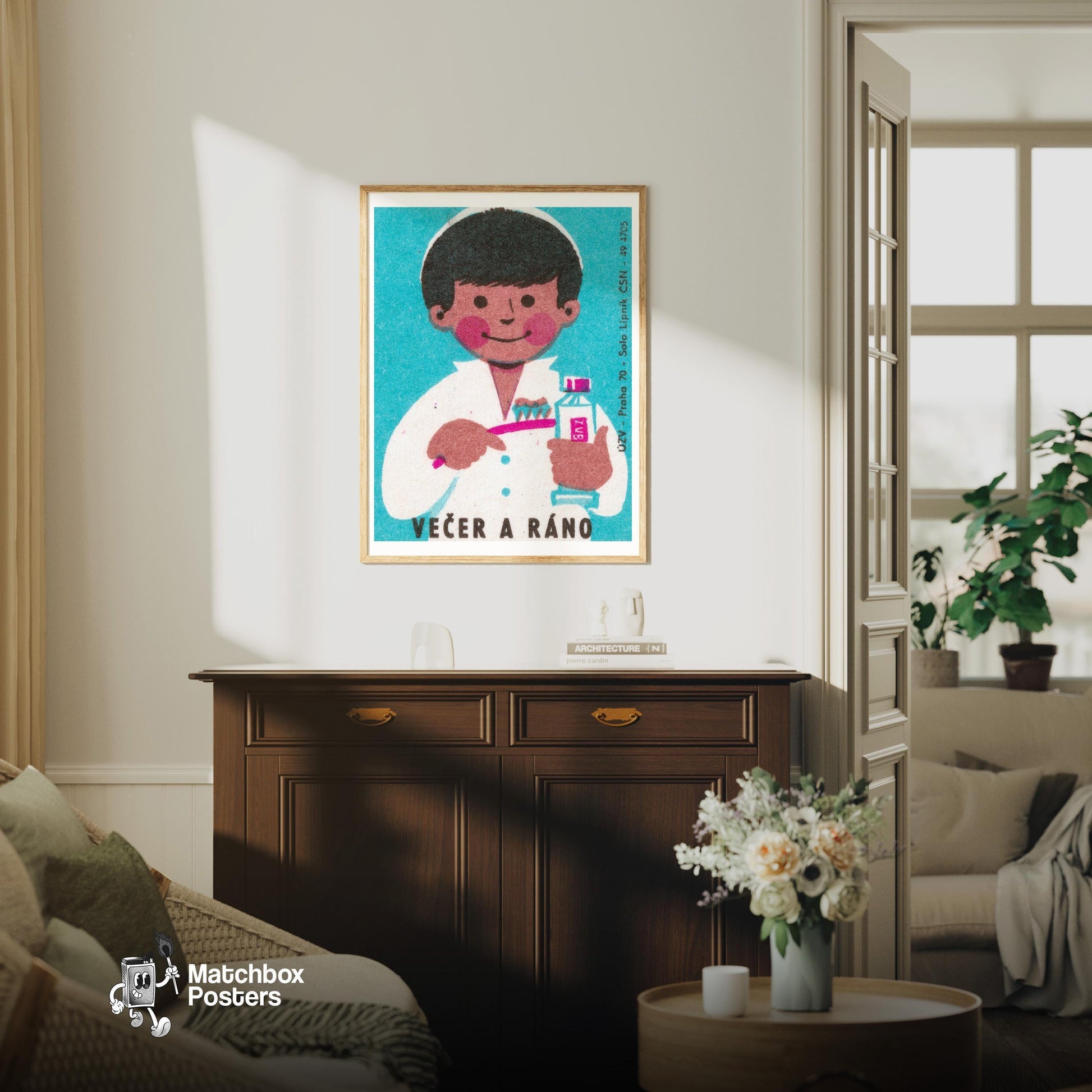 Child Brushing Teeth - vintage matchbox label print - living room mockup