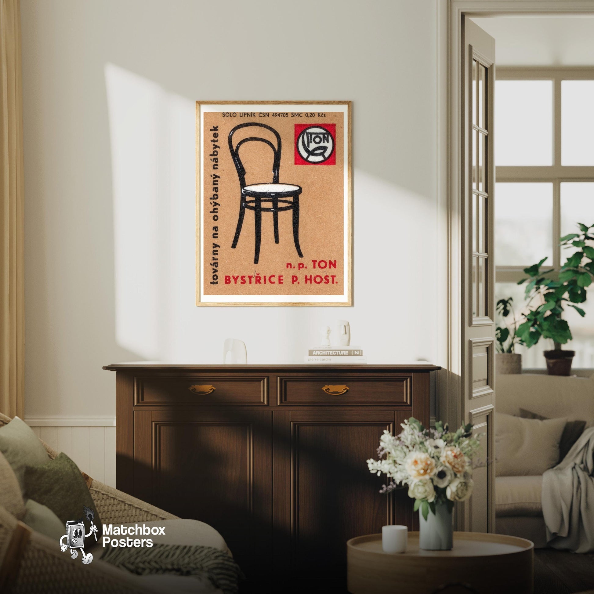 Curved Back Chair - vintage matchbox label print - living room mockup