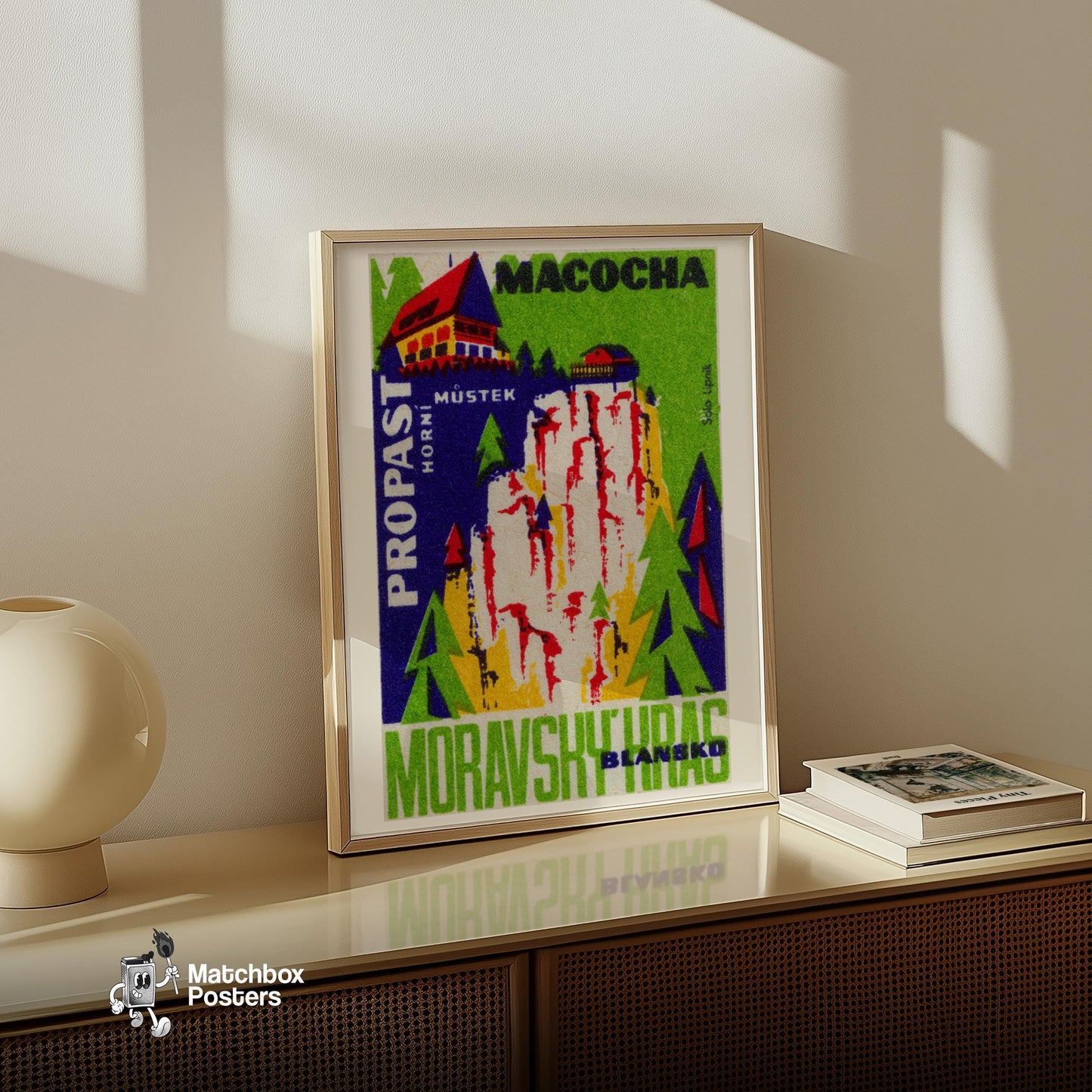 Stylized Depiction Of A Gorge - vintage matchbox label print - size comparison