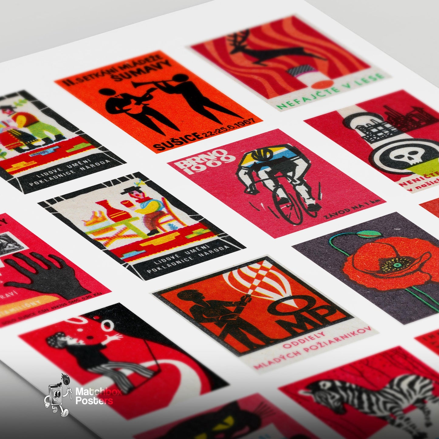 Red and Black Collage - vintage matchbox label print - close-up detail