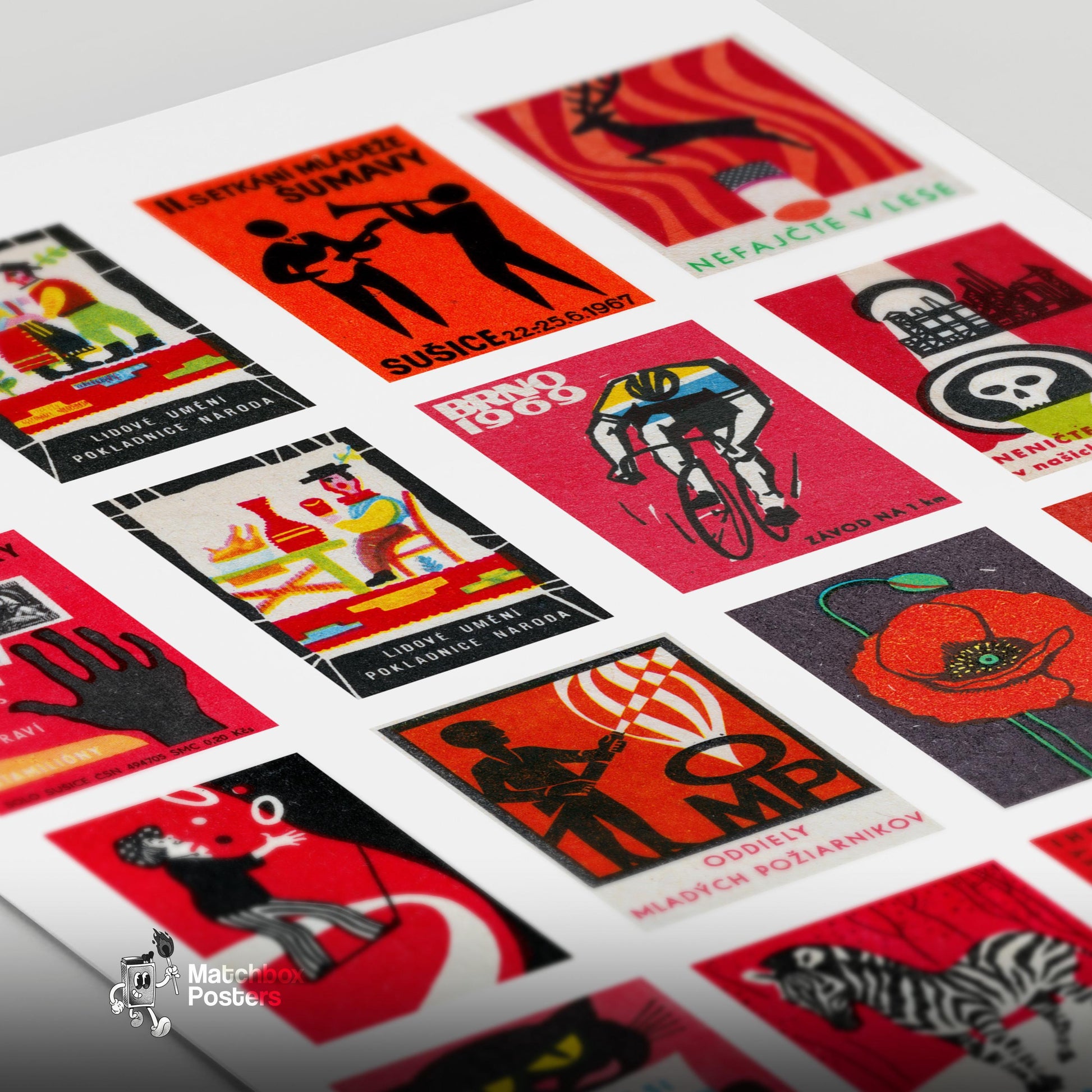 Red and Black Collage - vintage matchbox label print - close-up detail