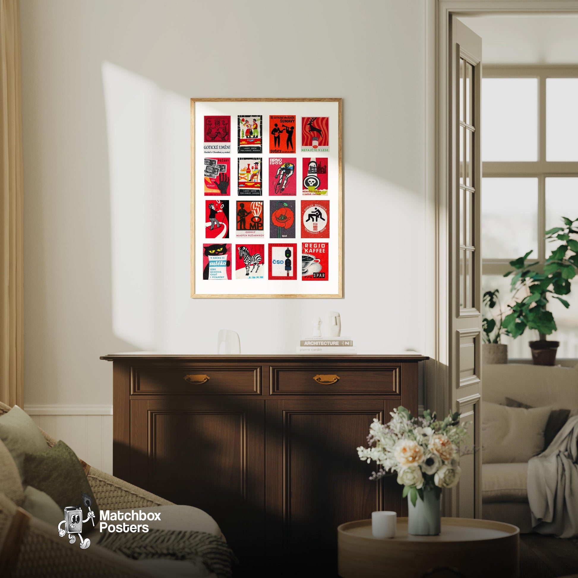 Red and Black Collage - vintage matchbox label print - framed wall art preview