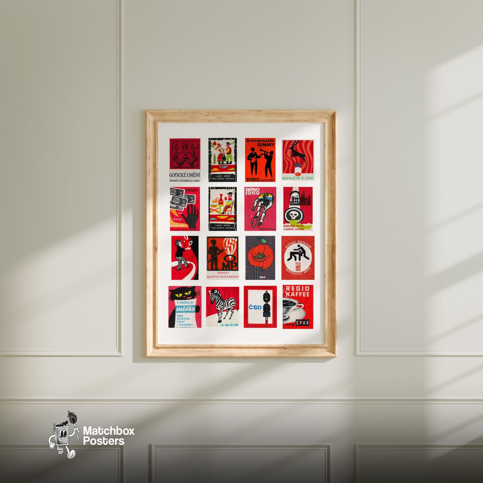 Red and Black Collage - vintage matchbox label print - living room mockup