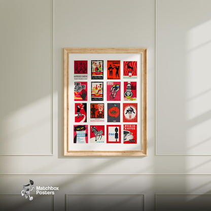 Red and Black Collage - vintage matchbox label print - living room mockup