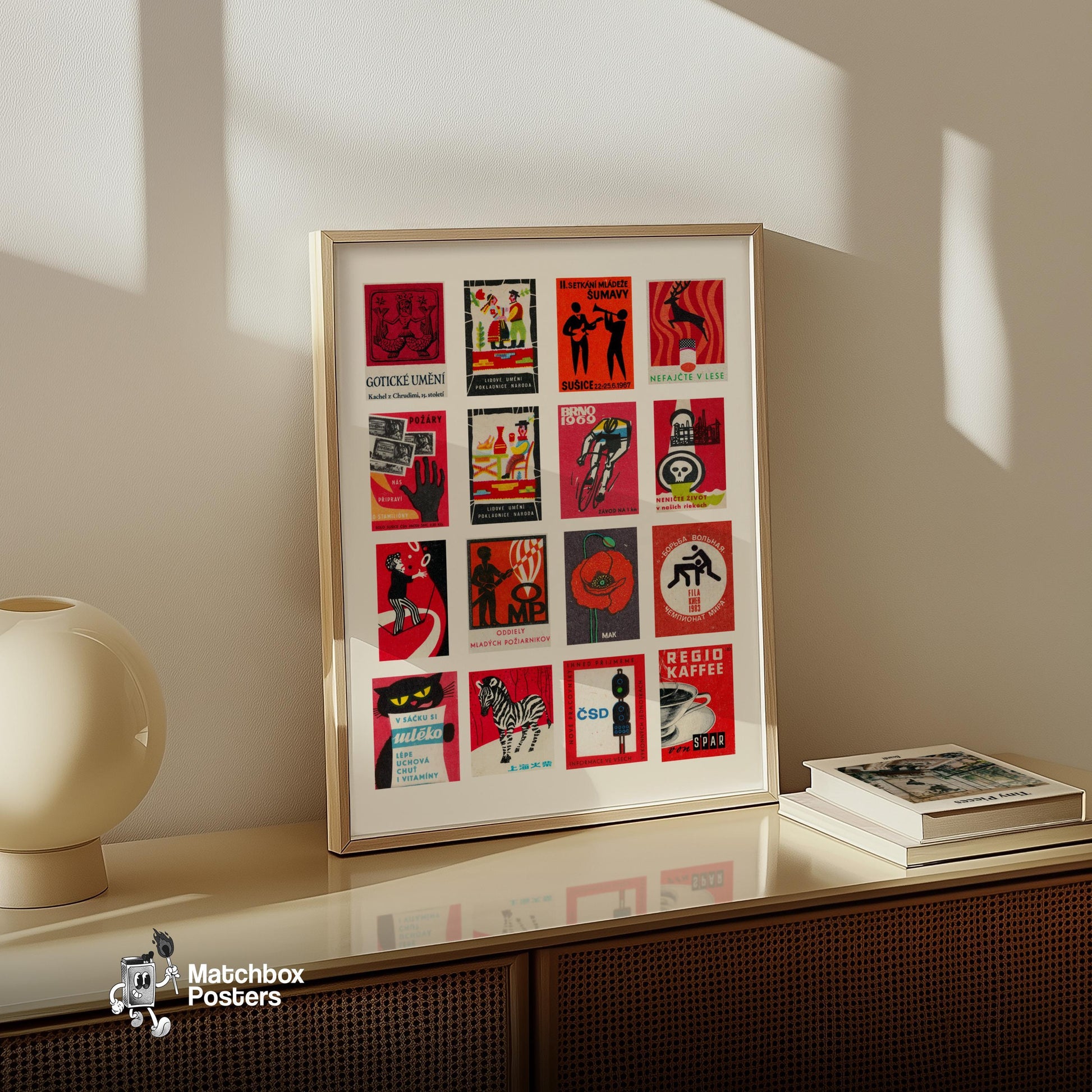 Red and Black Collage - vintage matchbox label print - bedroom mockup