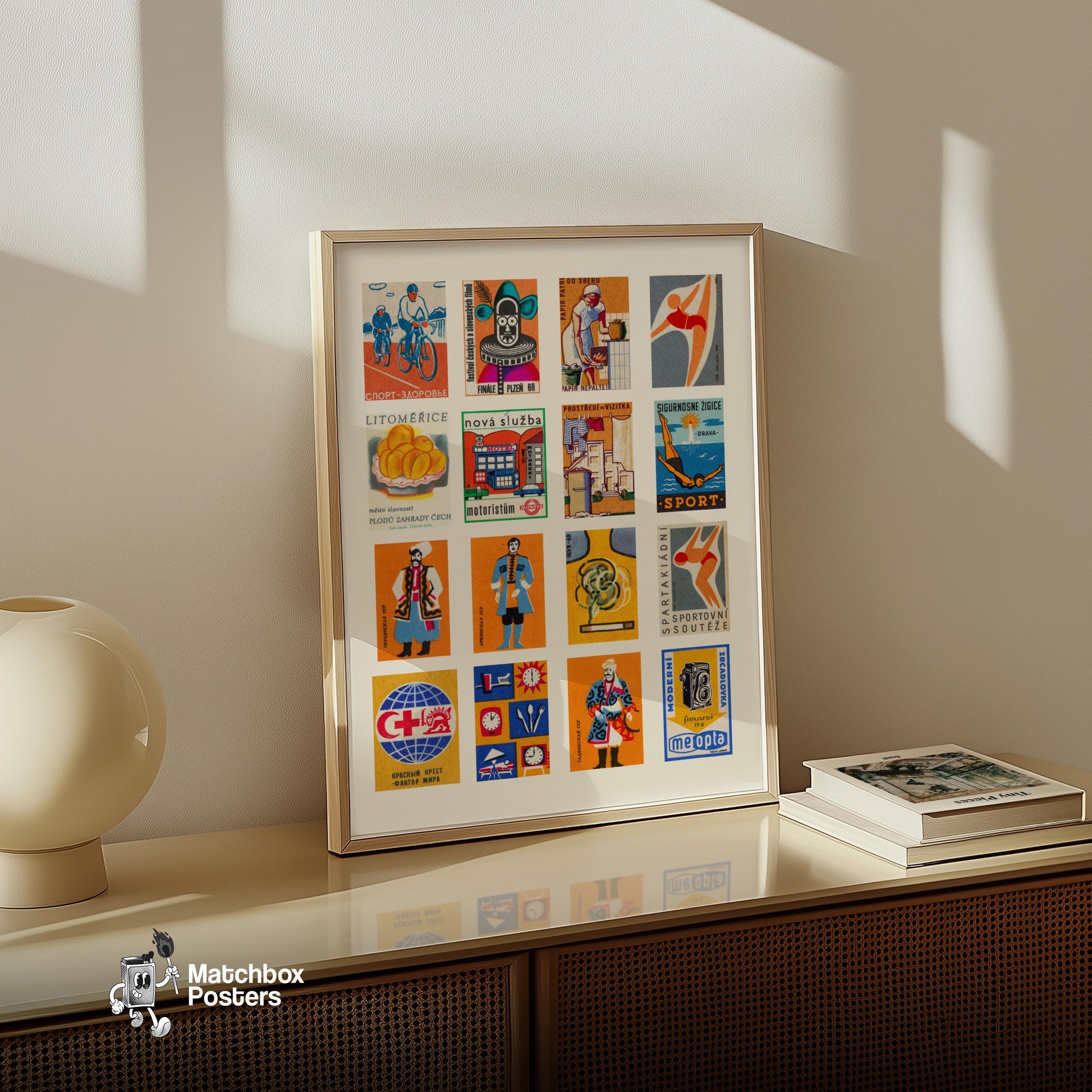 Orange and Blue Collage - vintage matchbox label print - bedroom mockup