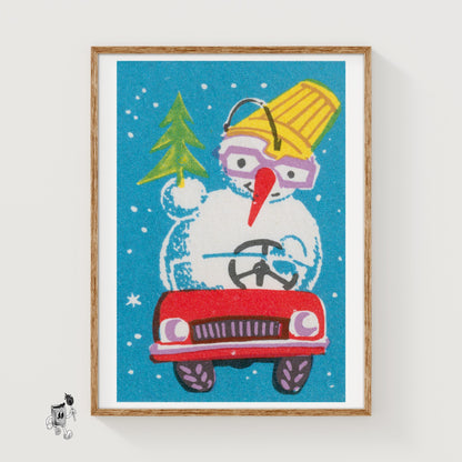 Snowman in Red Car - vintage matchbox label print