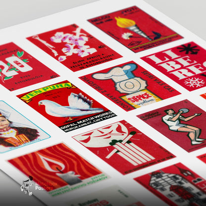 Red and White Collage - vintage matchbox label print - close-up detail