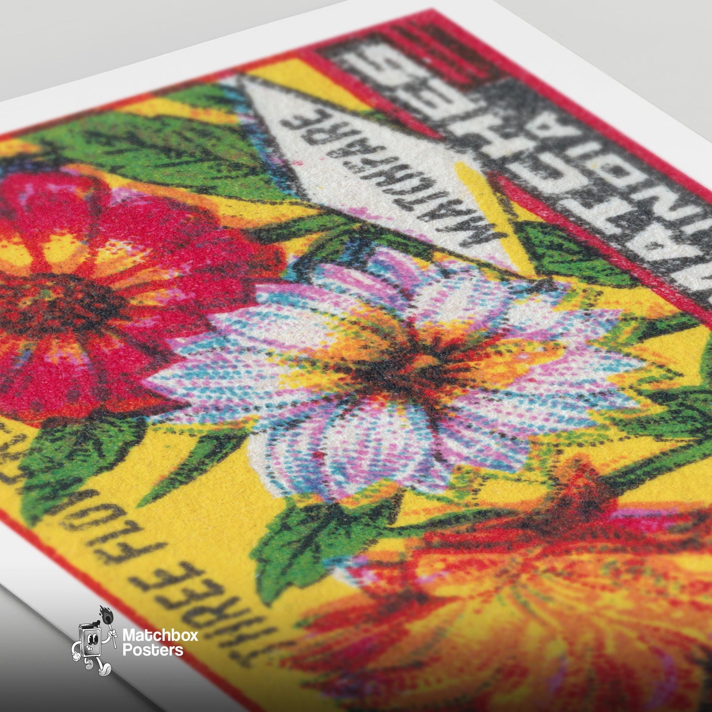 Three Flowers - vintage matchbox label print - close-up detail