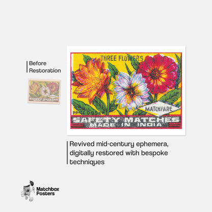 Three Flowers - vintage matchbox label print - framed wall art preview