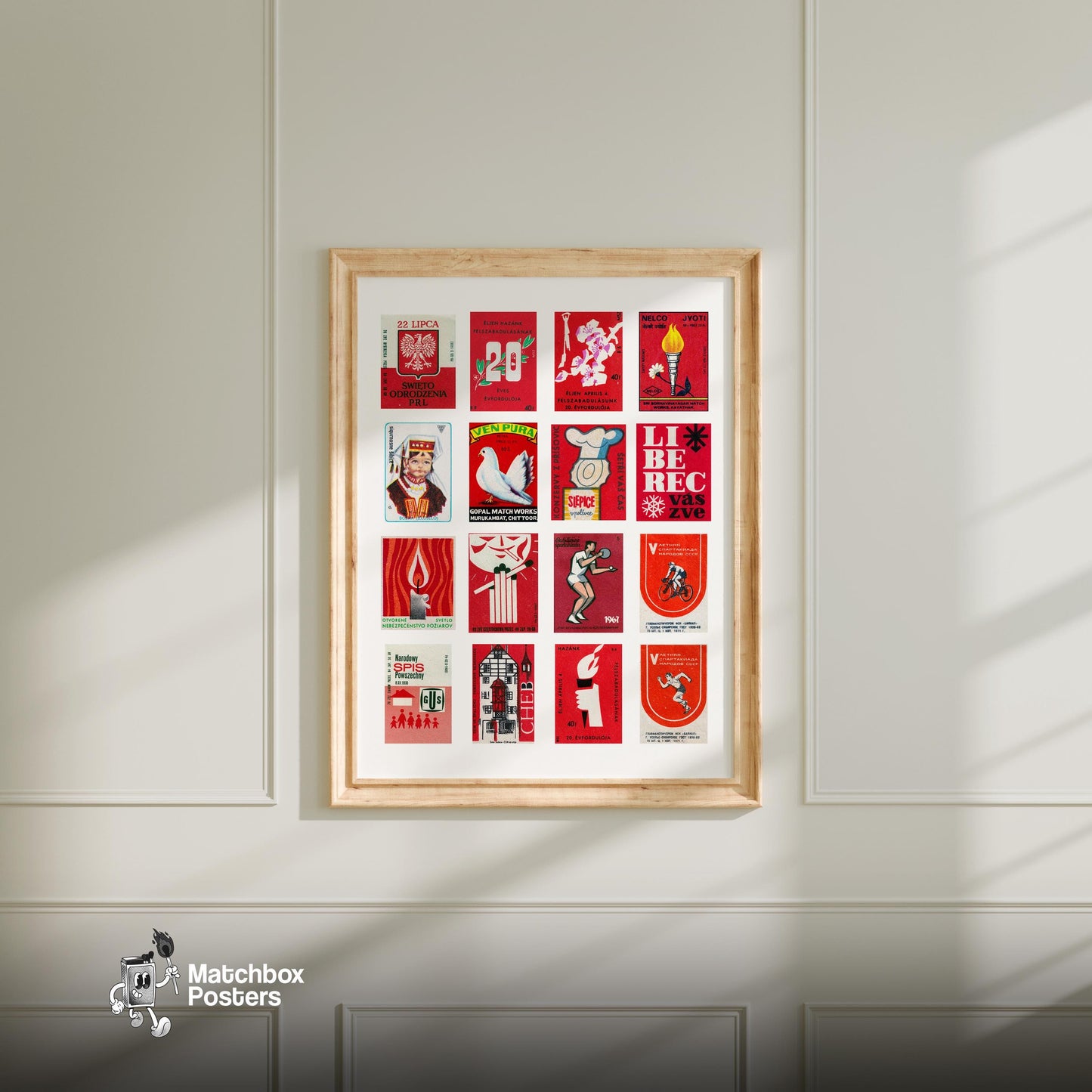 Red and White Collage - vintage matchbox label print - living room mockup