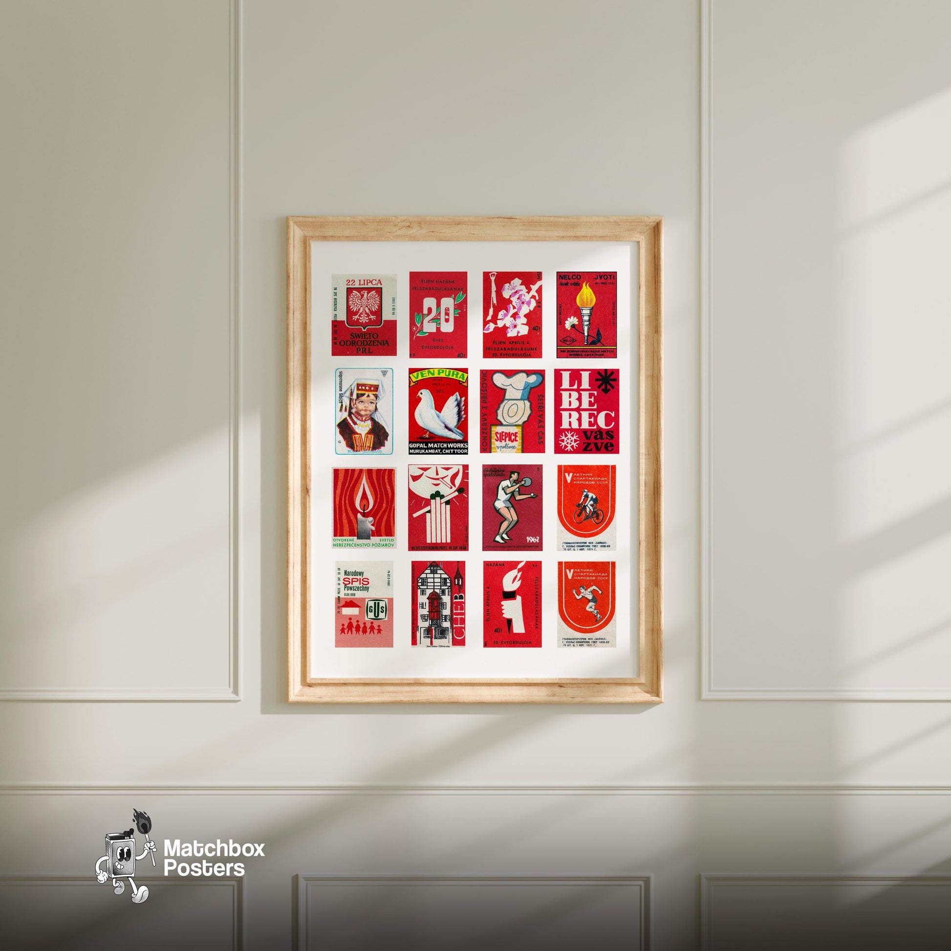 Red and White Collage - vintage matchbox label print - living room mockup