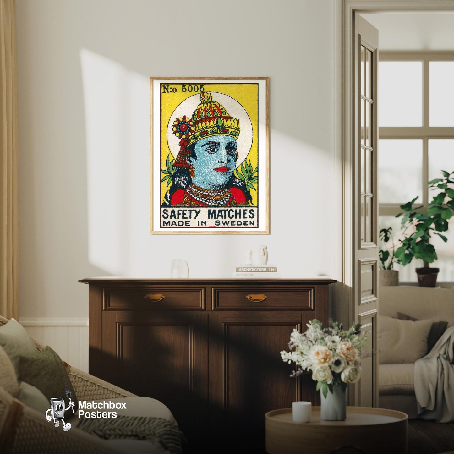 Vishnu - vintage matchbox label print - living room mockup