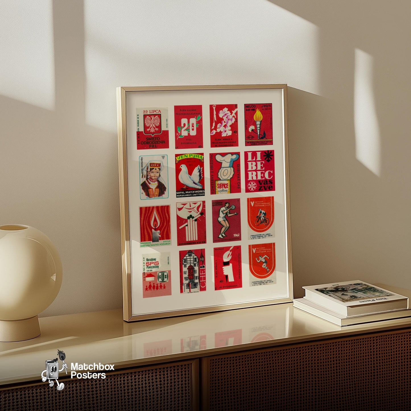 Red and White Collage - vintage matchbox label print - bedroom mockup