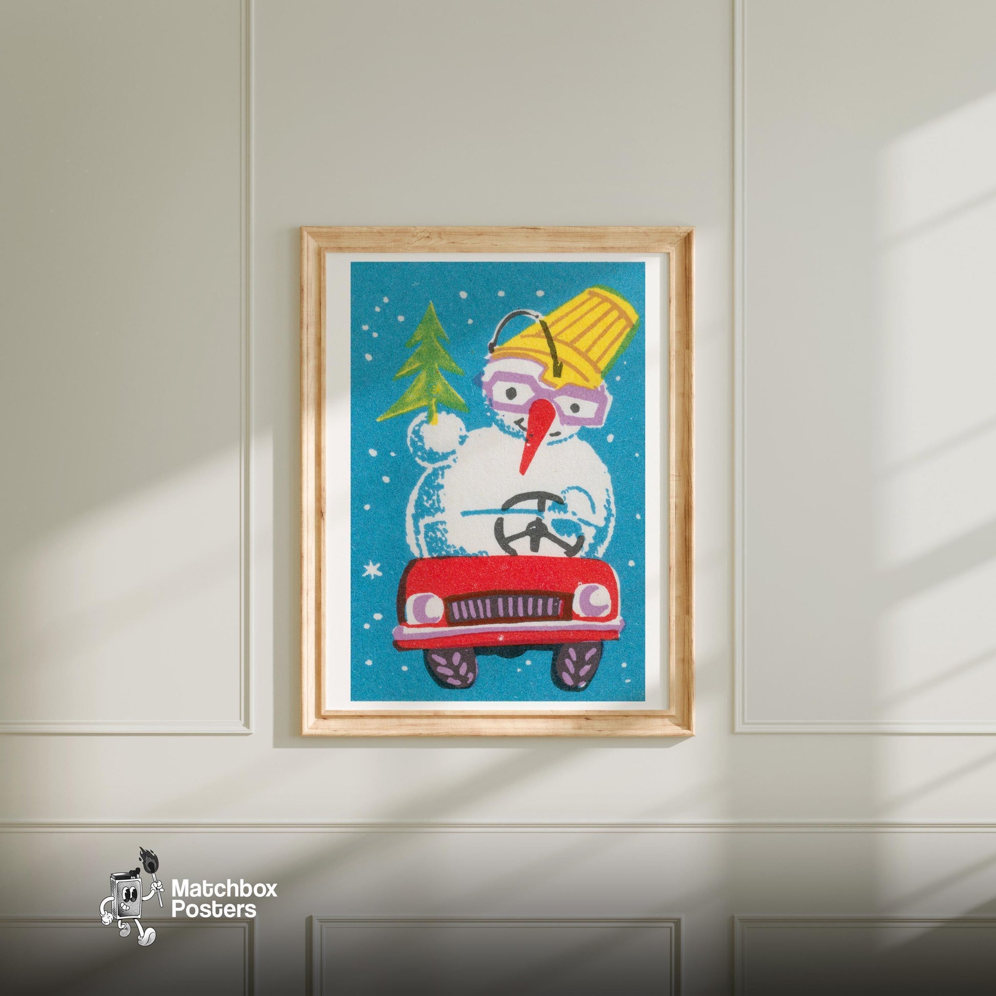 Snowman in Red Car - vintage matchbox label print - bedroom mockup