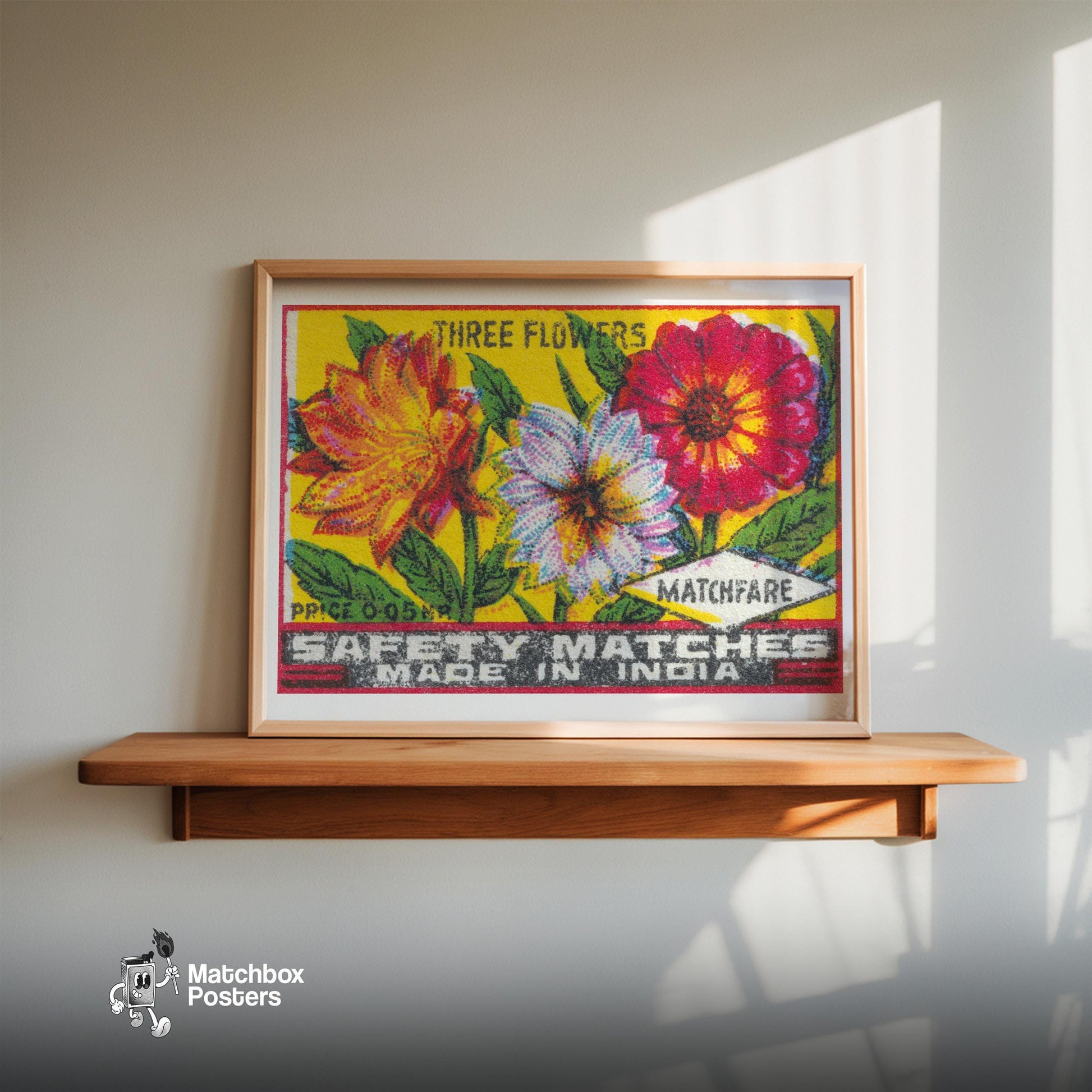 Three Flowers - vintage matchbox label print - size comparison