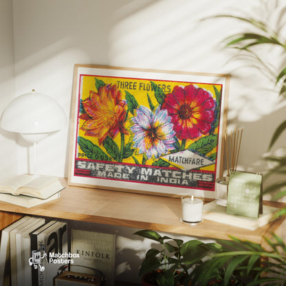 Three Flowers - vintage matchbox label print - office wall