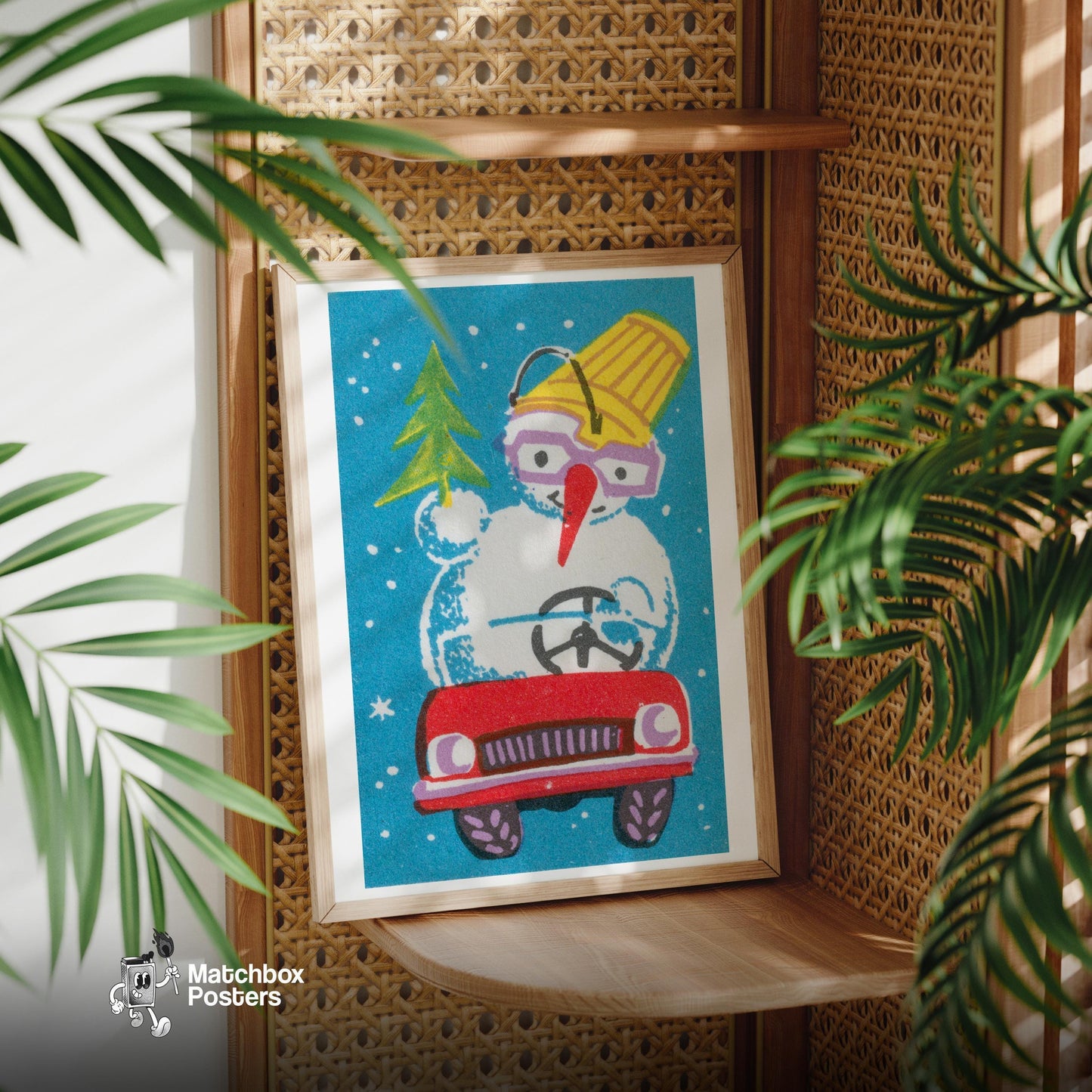 Snowman in Red Car - vintage matchbox label print - office wall