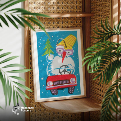 Snowman in Red Car - vintage matchbox label print - office wall