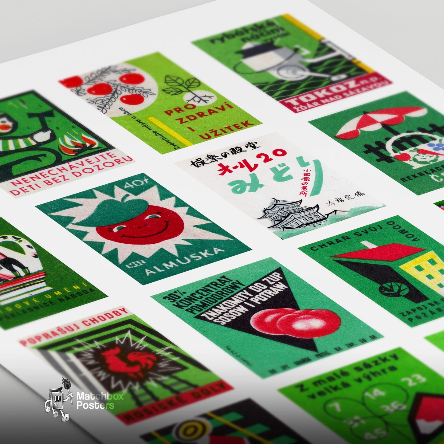 Green and Red Collage - vintage matchbox label print - close-up detail