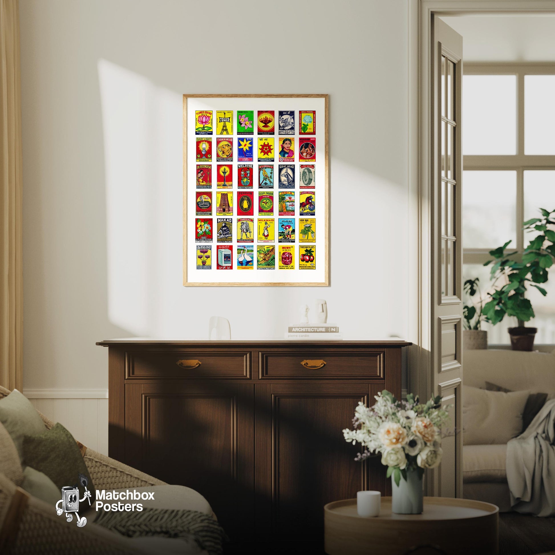 Multicolor Indian Label Collage Print - vintage matchbox label print - framed wall art preview