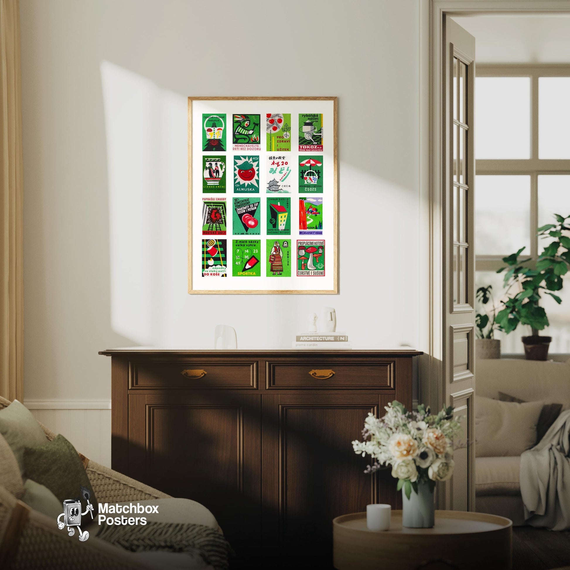 Green and Red Collage - vintage matchbox label print - framed wall art preview
