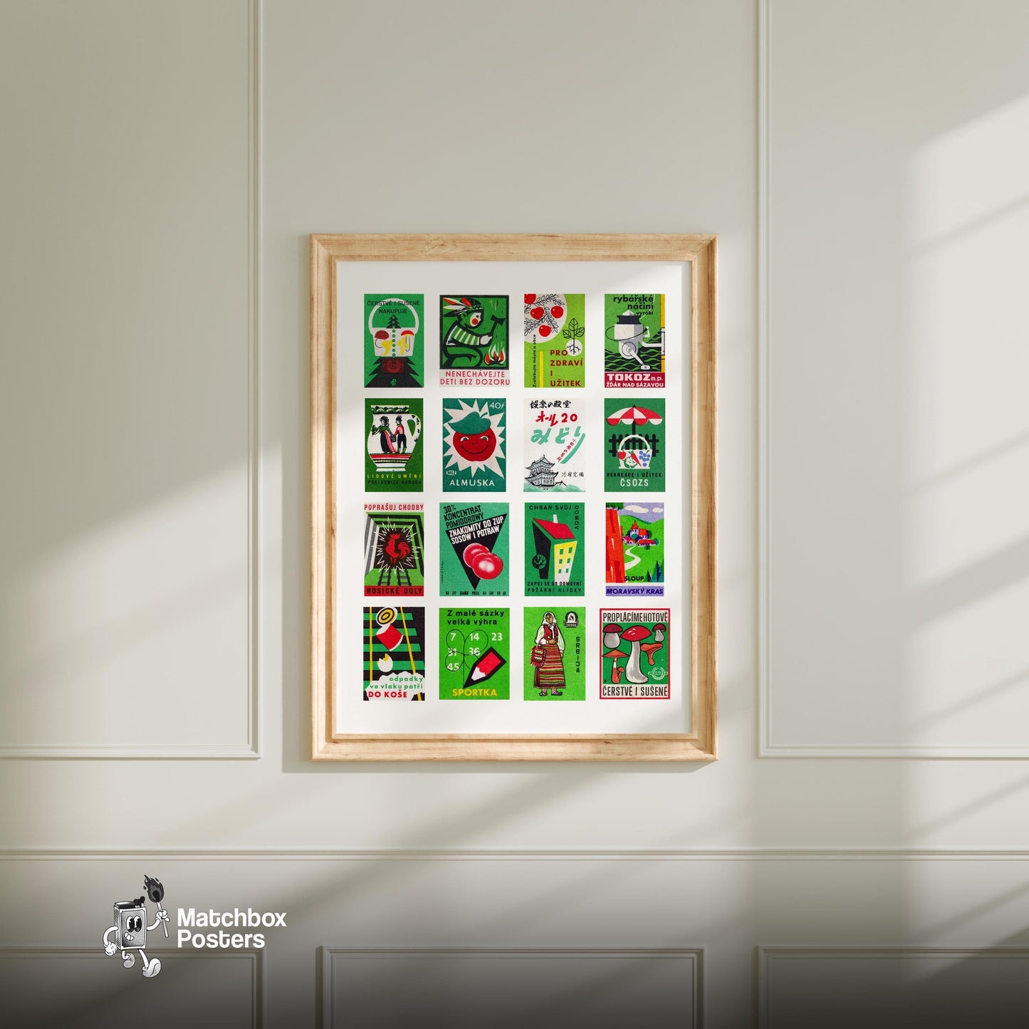 Green and Red Collage - vintage matchbox label print - living room mockup