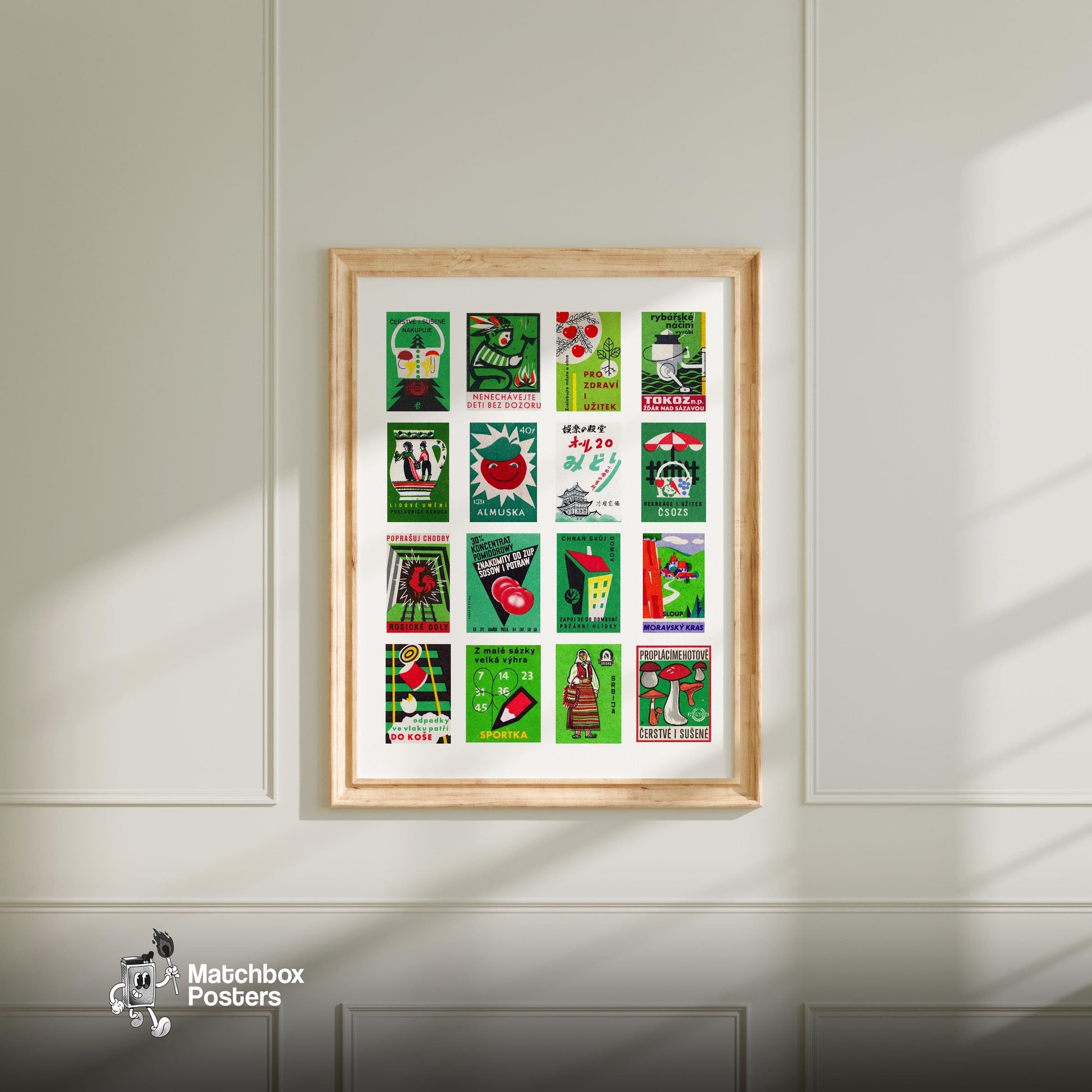 Green and Red Collage - vintage matchbox label print - living room mockup