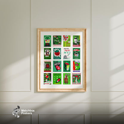 Green and Red Collage - vintage matchbox label print - living room mockup