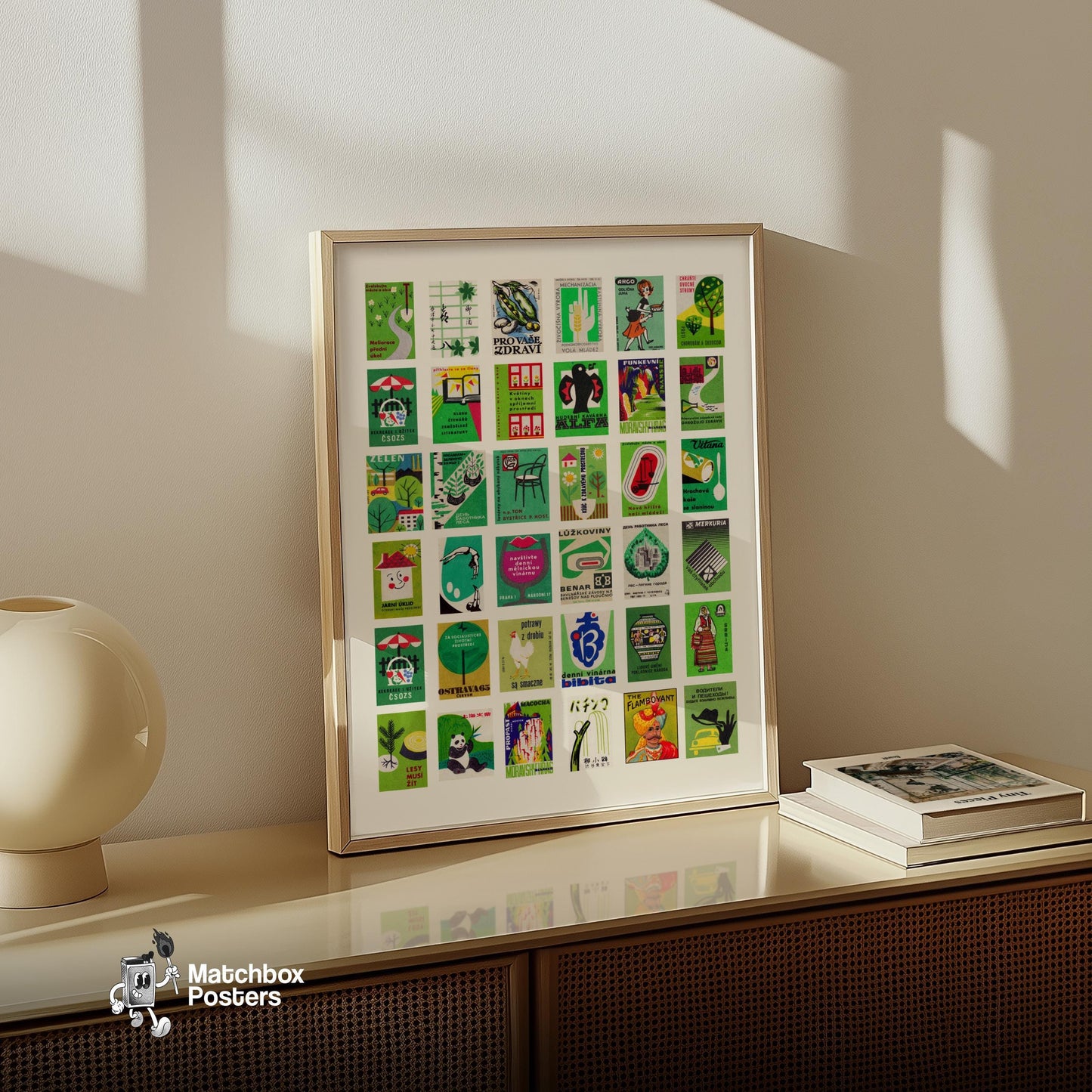 Green Collage Print - vintage matchbox label print - bedroom mockup