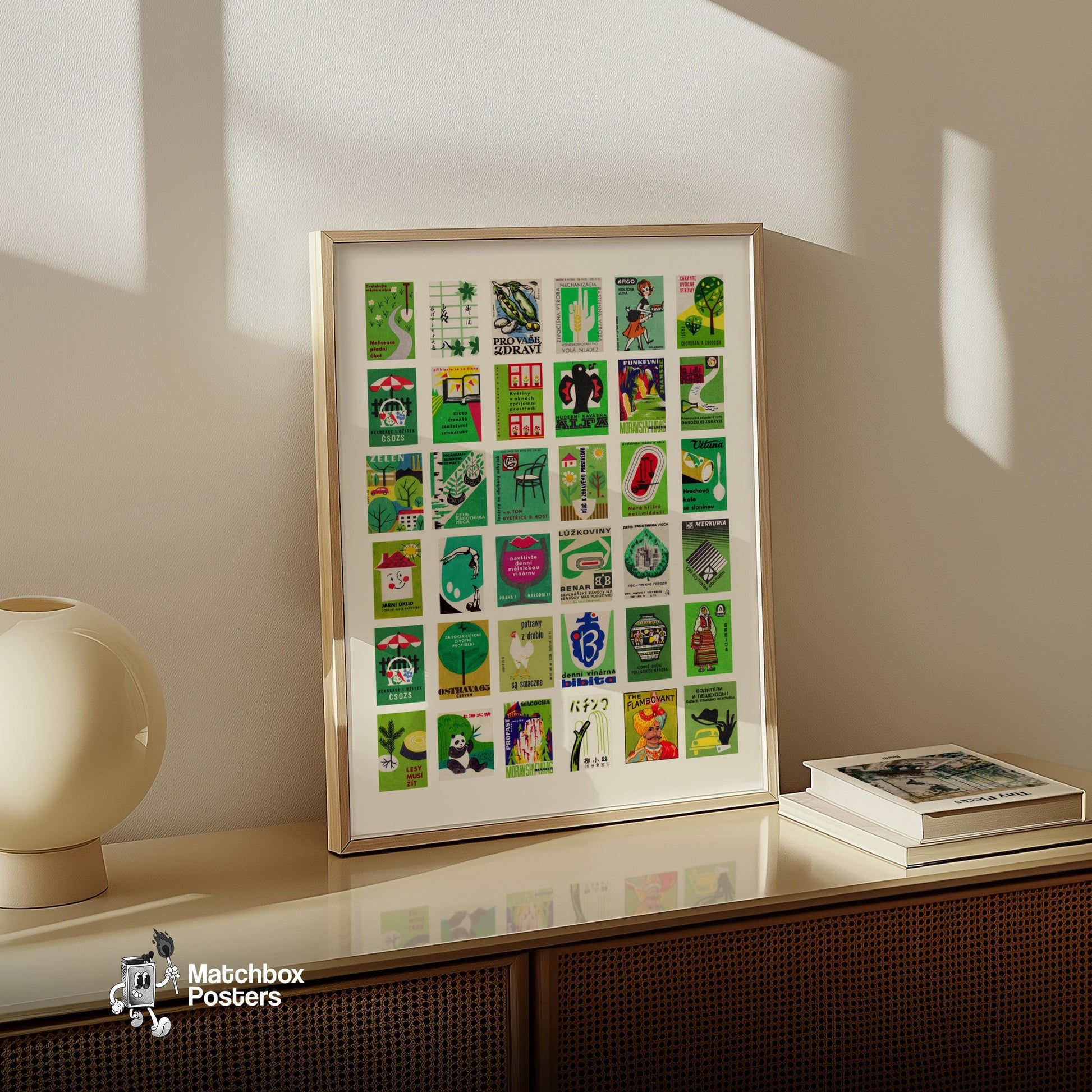 Green Collage Print - vintage matchbox label print - bedroom mockup