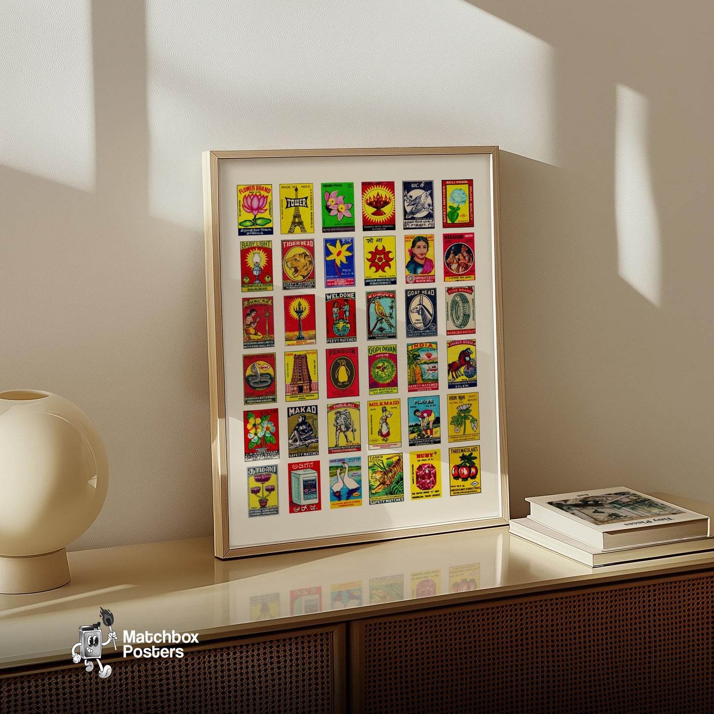 Multicolor Indian Label Collage Print - vintage matchbox label print - bedroom mockup