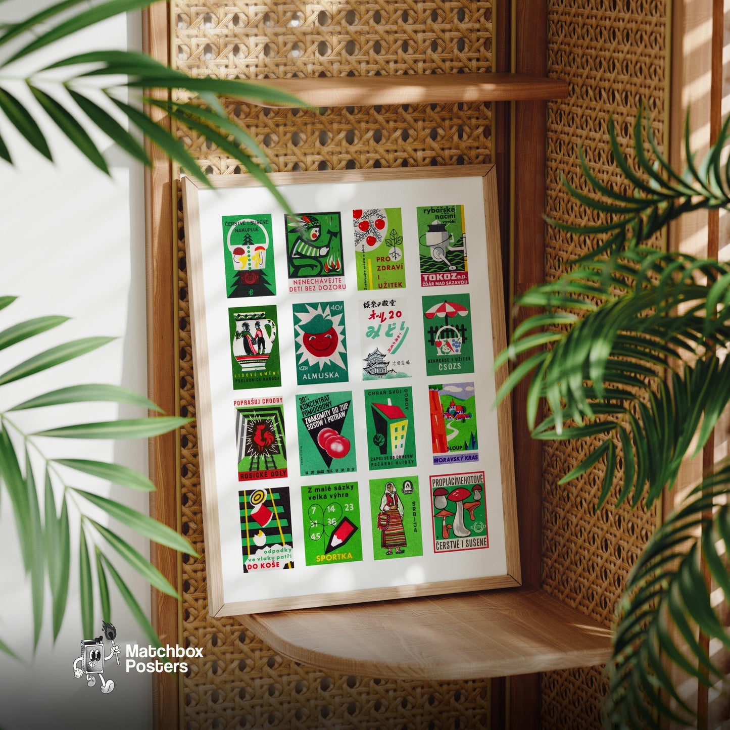 Green and Red Collage - vintage matchbox label print - size comparison