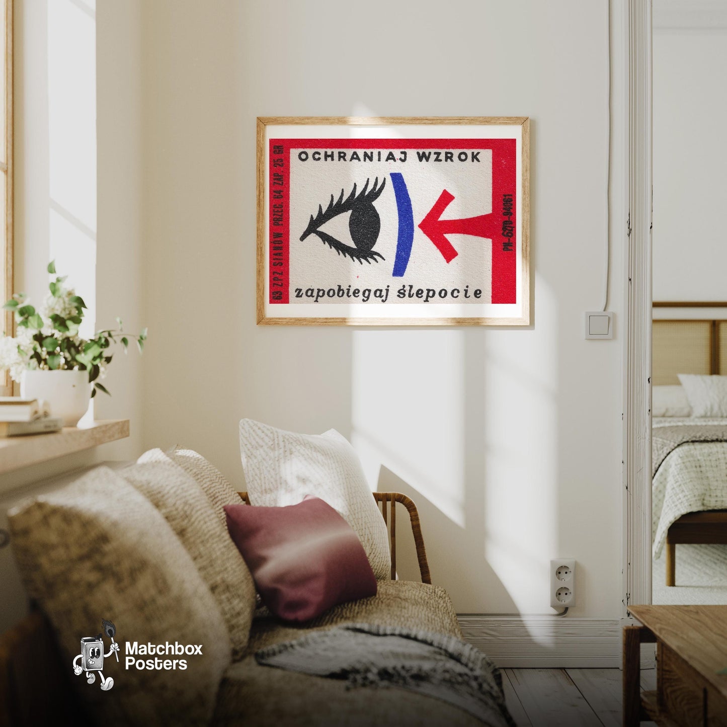 Eye with Arrow - vintage matchbox label print - living room mockup