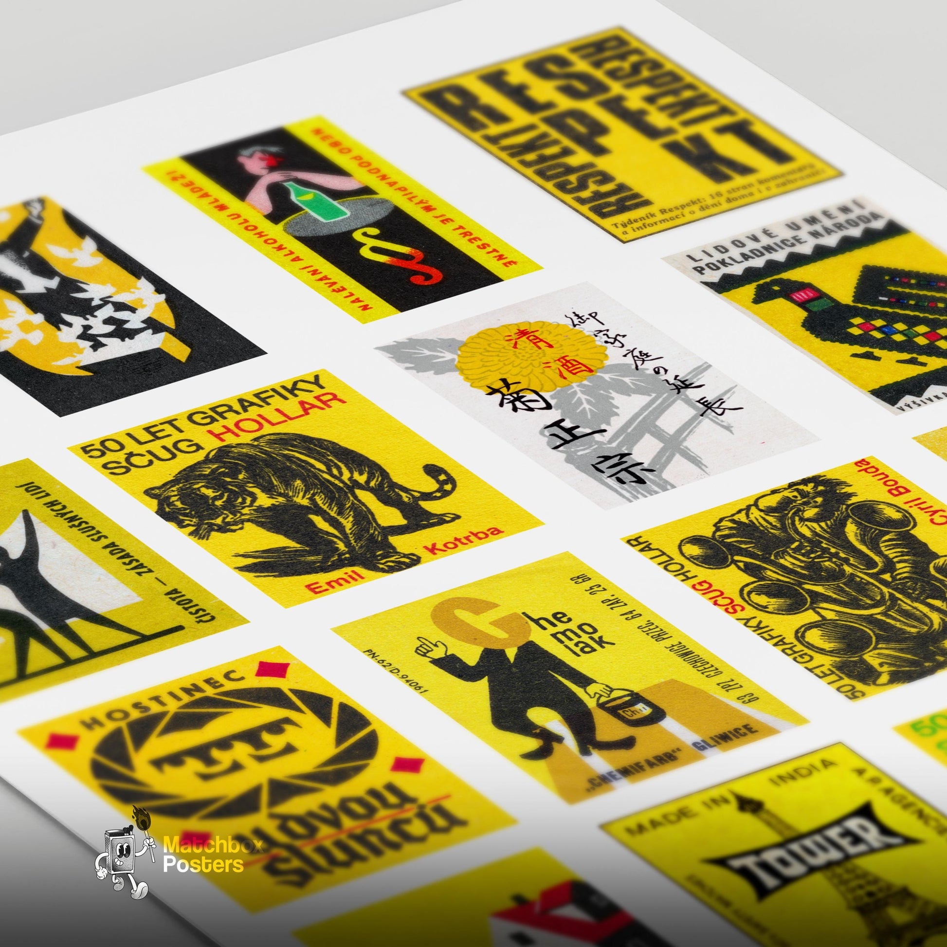 Yellow and Black Collage - vintage matchbox label print - close-up detail