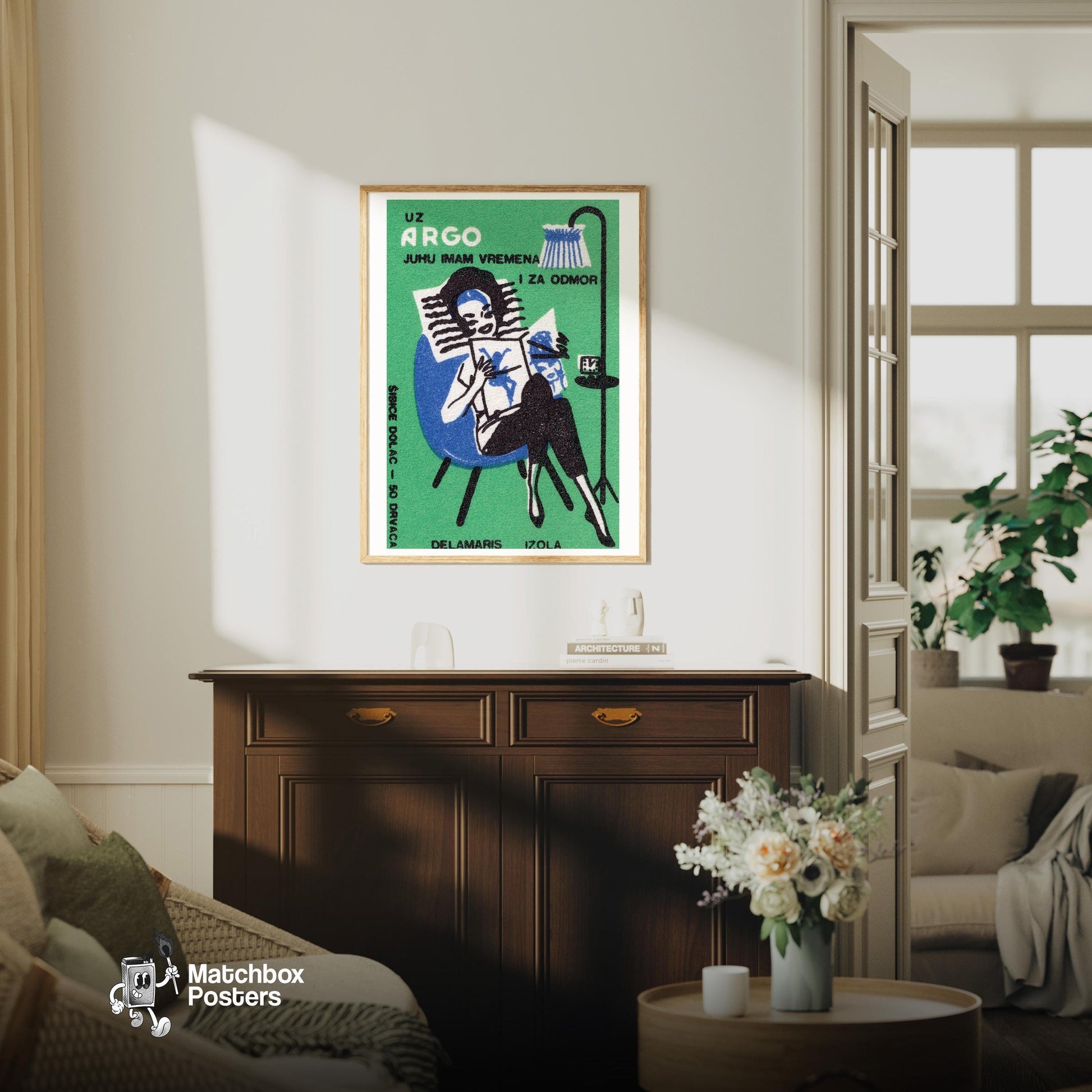 Woman Reading - vintage matchbox label print - living room mockup