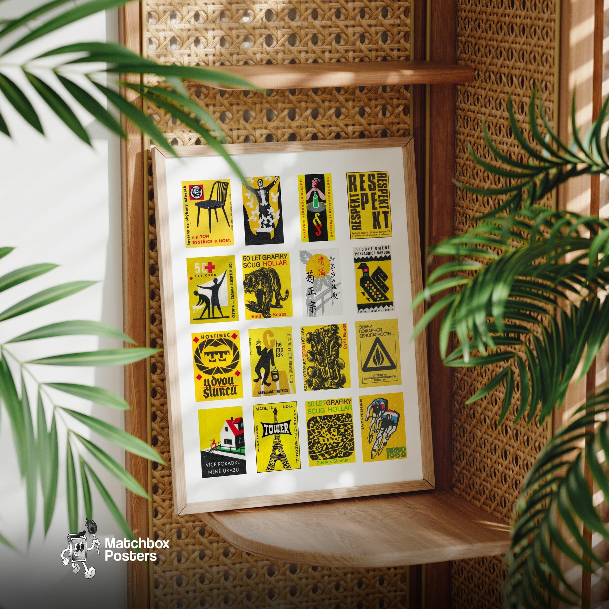 Yellow and Black Collage - vintage matchbox label print - size comparison