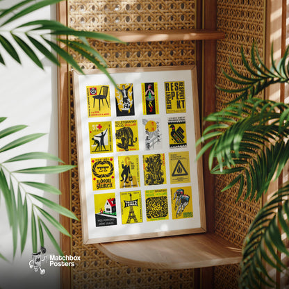 Yellow and Black Collage - vintage matchbox label print - size comparison