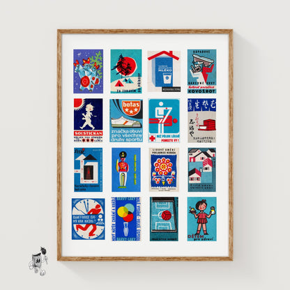 Blue and Red Collage - vintage matchbox label print