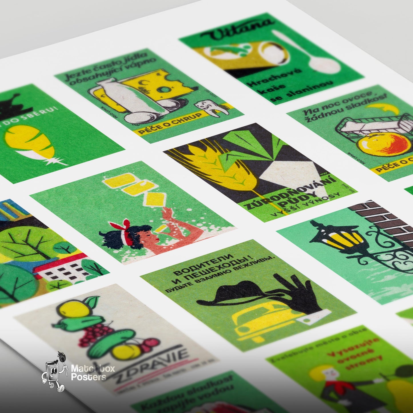 Green and Yellow Collage - vintage matchbox label print - close-up detail