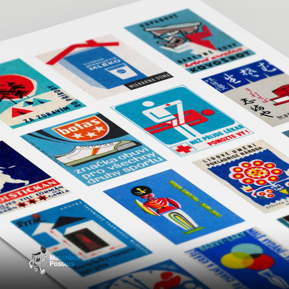 Blue and Red Collage - vintage matchbox label print - close-up detail