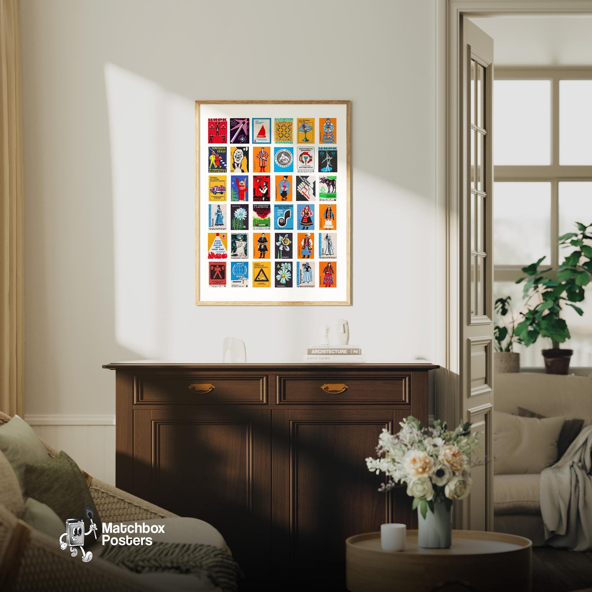Cyrillics Grid Print - vintage matchbox label print - framed wall art preview