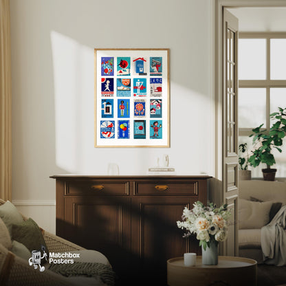 Blue and Red Collage - vintage matchbox label print - framed wall art preview