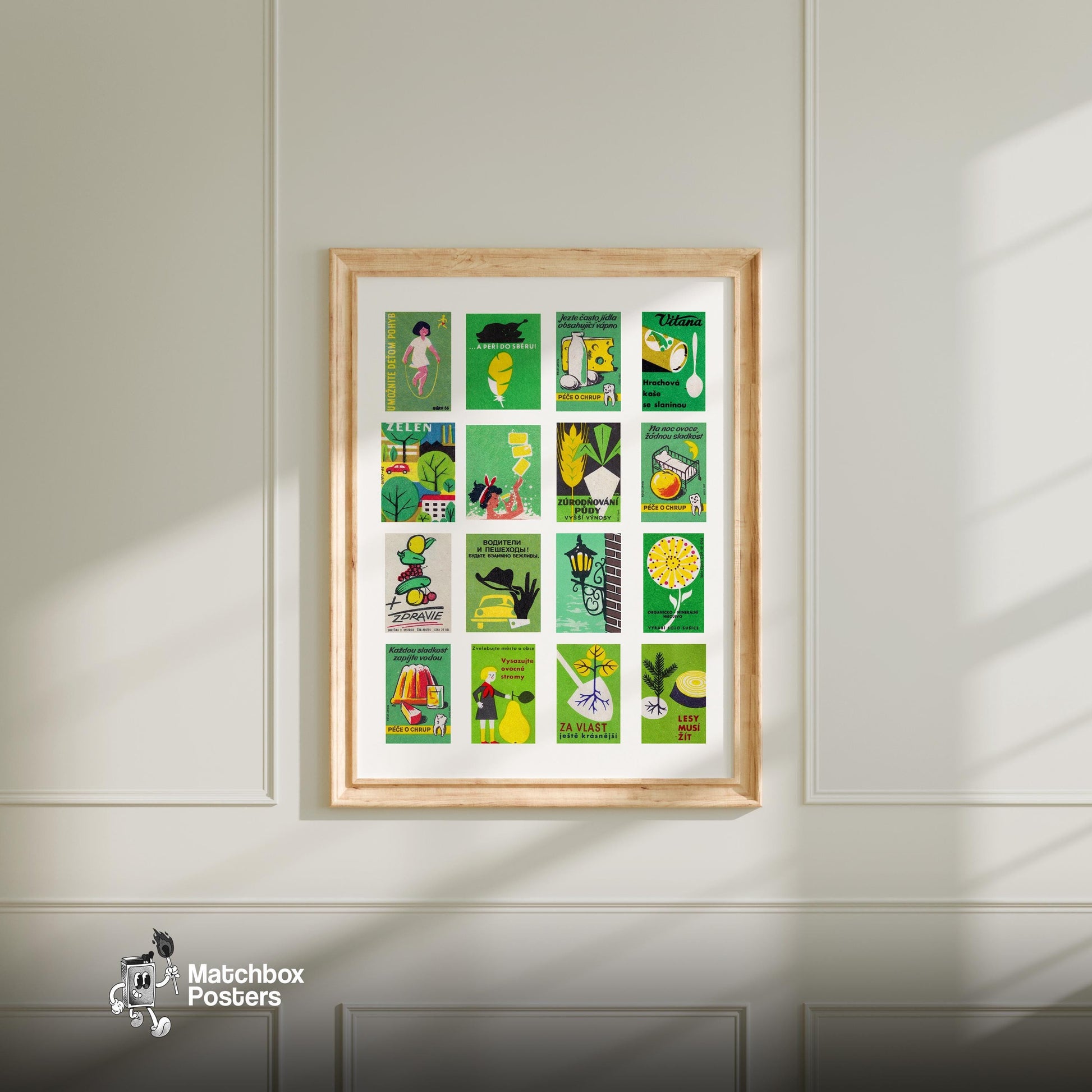 Green and Yellow Collage - vintage matchbox label print - living room mockup