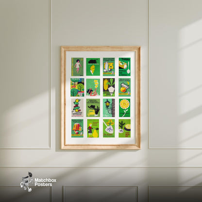 Green and Yellow Collage - vintage matchbox label print - living room mockup