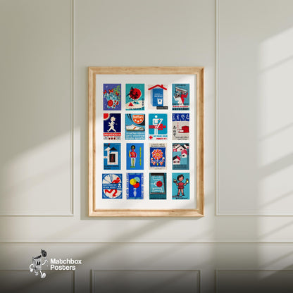 Blue and Red Collage - vintage matchbox label print - living room mockup