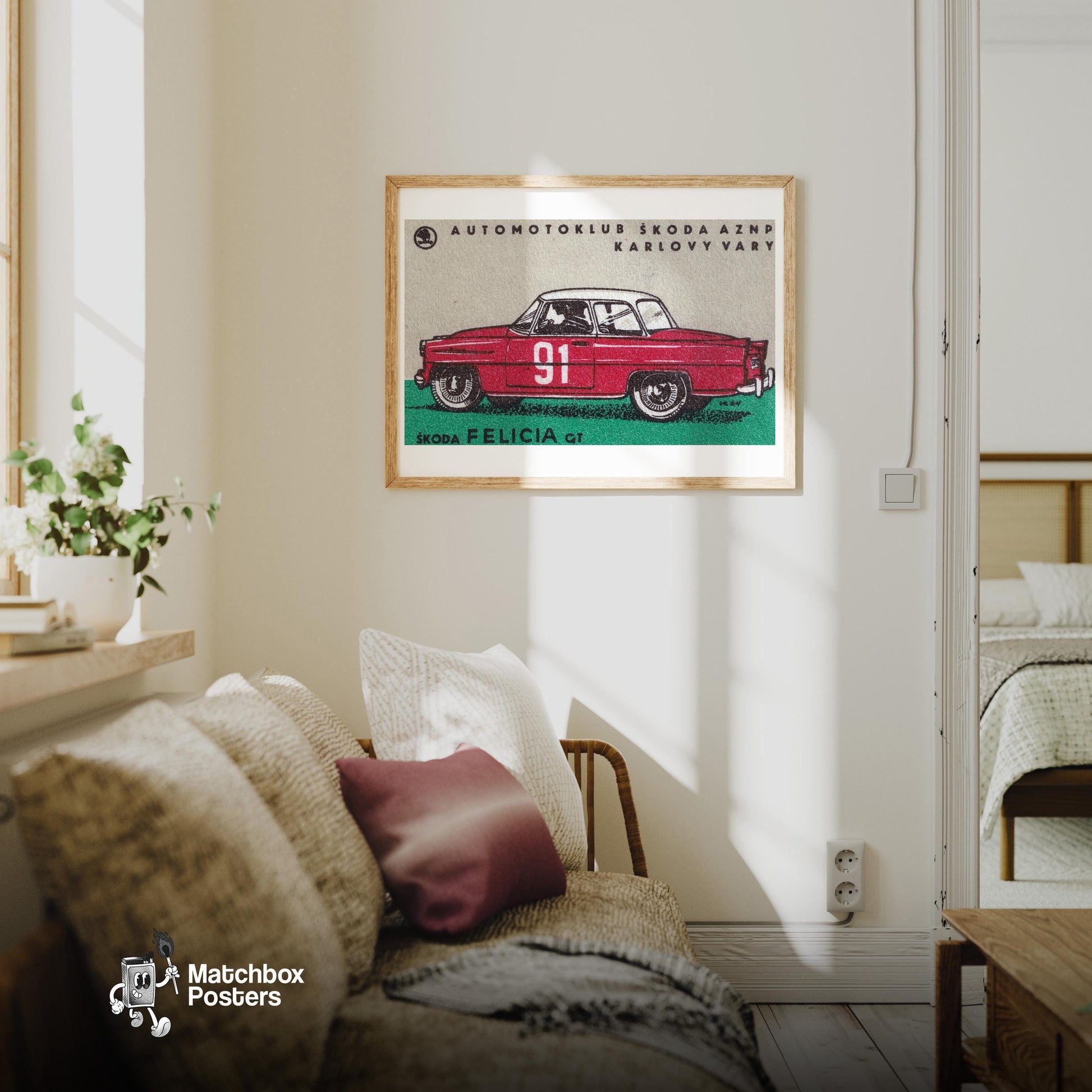 Czech Sports Car - vintage matchbox label print - living room mockup