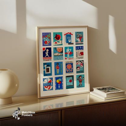 Blue and Red Collage - vintage matchbox label print - bedroom mockup