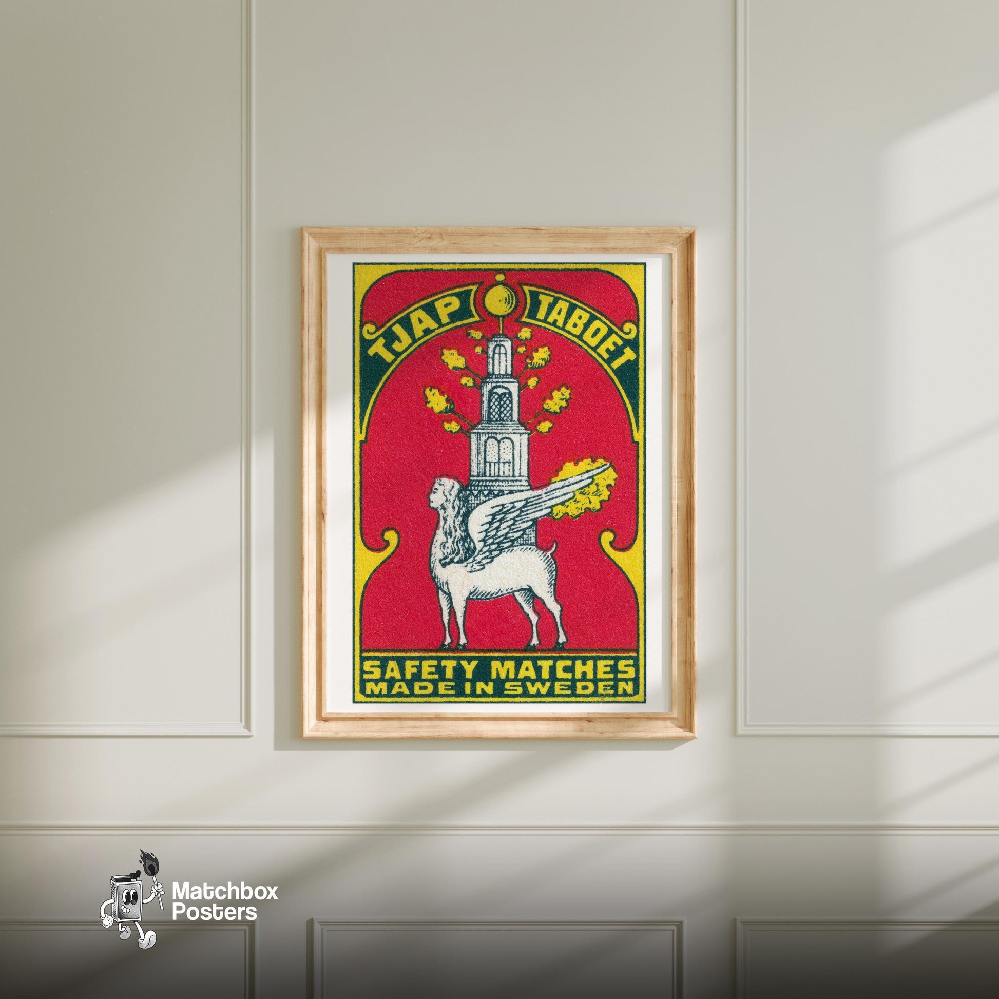 Winged Lion - vintage matchbox label print - bedroom mockup